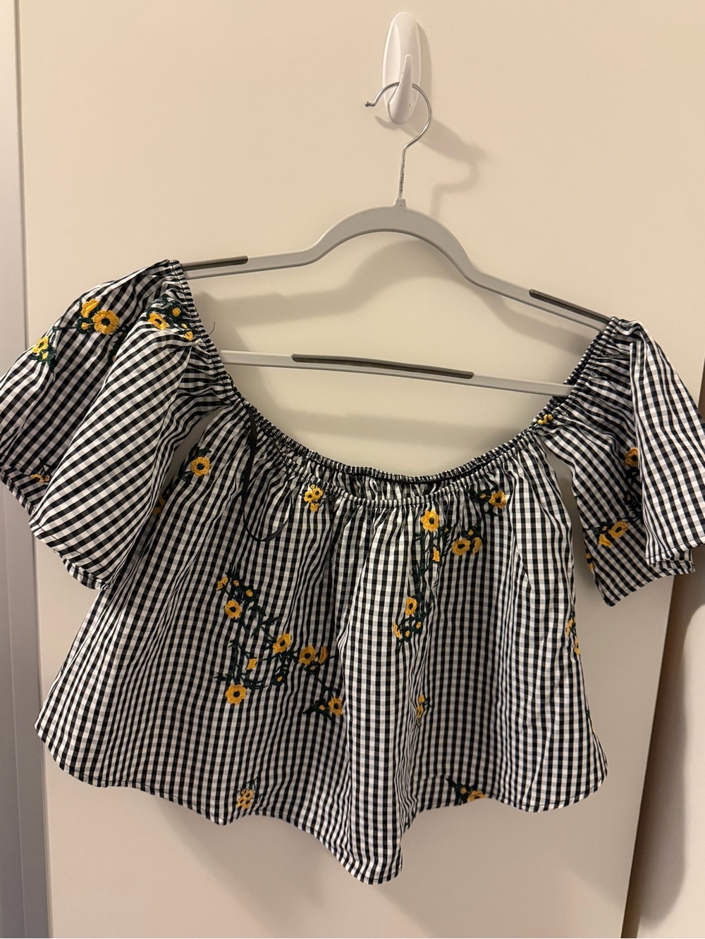 Black & White Gingham Off-Shoulder Top with Yellow Floral Embroidery - Picture 1 of 2